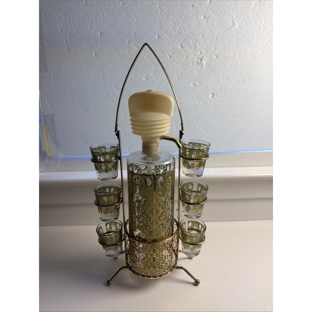 Vintage Starlyte Vito Bari Pump Decanter Set With Shot Glasses & Holder Barware